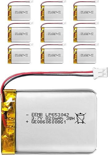 EEMB Paquete de 10 baterías de polímero de litio de 3.7 V 820 mAh 653042 Lipo con conector JST de cable para altavoz y dispositivo inalámbrico,