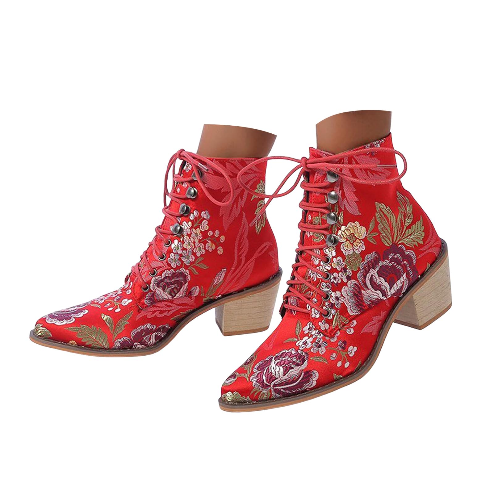 ZSpzx Womens Vintage Ethnic Ankle Boots Colorful Floral Embroidered Canvas Mid Chunky Block Heel Pointed Toe Lace up