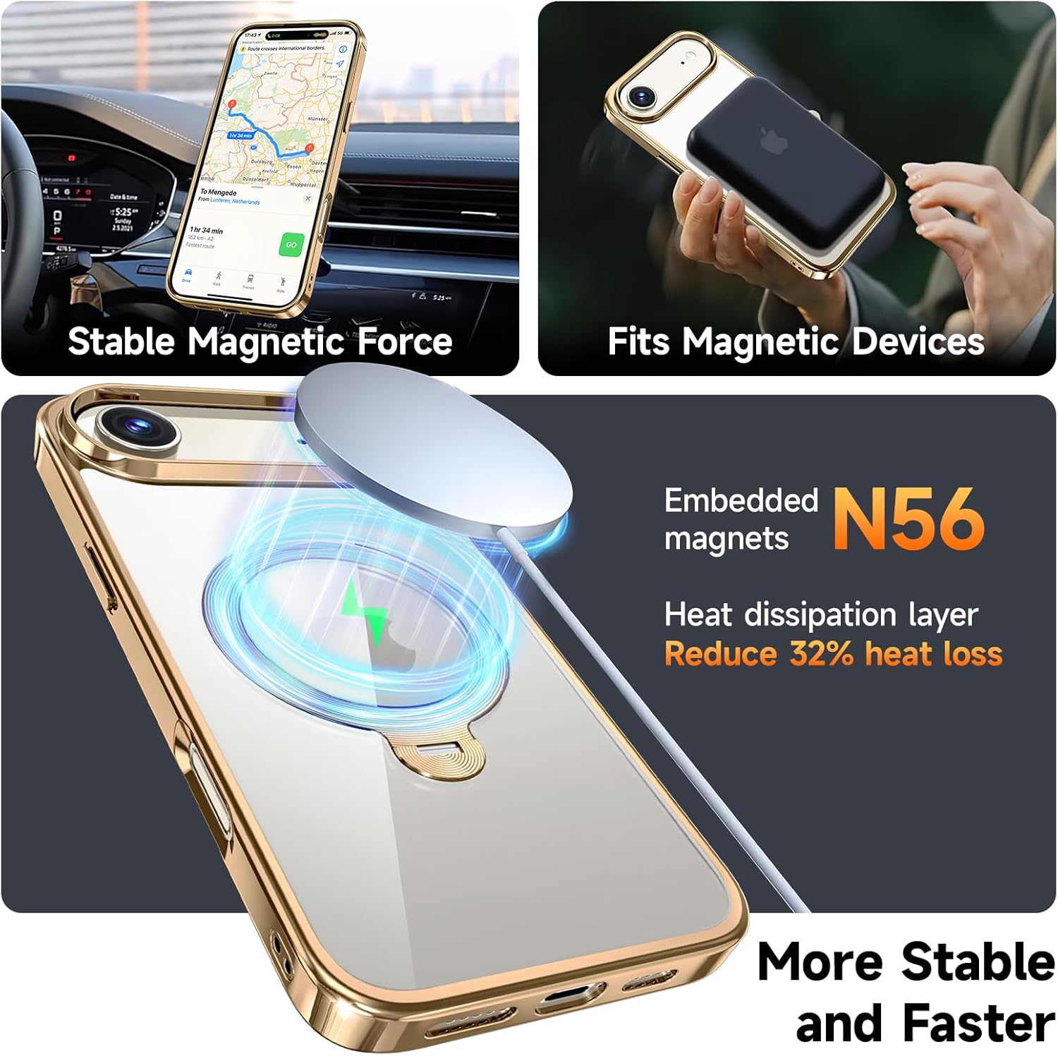 [Tri-Shield Protection] for iPhone Air Case with 360° Spin Stand Compatible with MagSafe [Magnetic CD Ring] [Screen & Camera Lens Protector] Shockproof Plating Never-Yellowing, Gold-6.5"