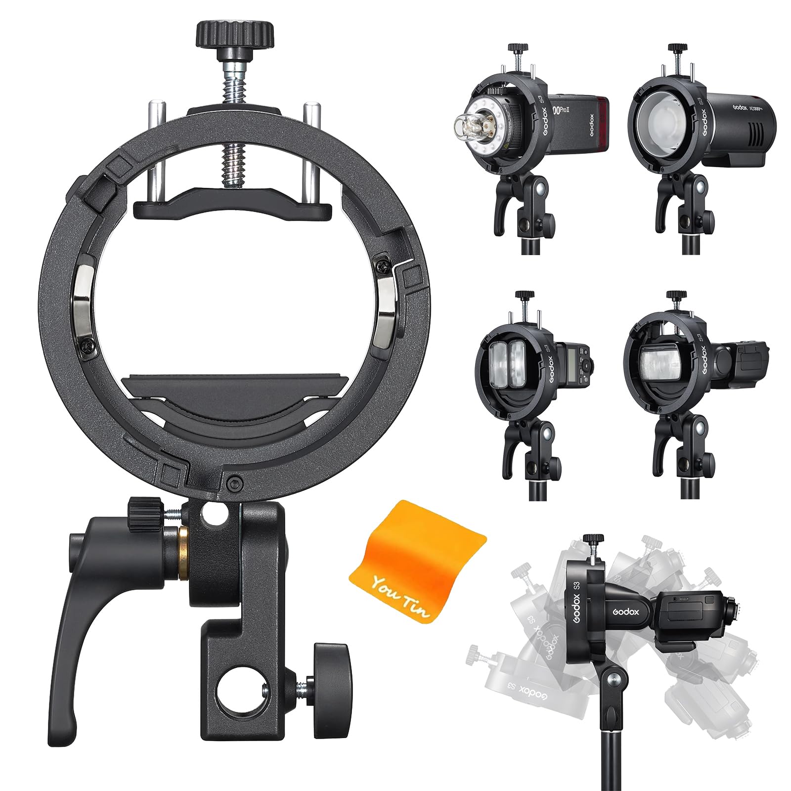 Godox S3 Speedlite Halterung Bowens Mount Blitzhalterung,±90° Einstellung Ausgestattet mit Schirmloch,Kompatibel mit Godox Blitz V100 V1Pro V1 V860III TT685II TT350 TT600 AD300PROII AD200PROII