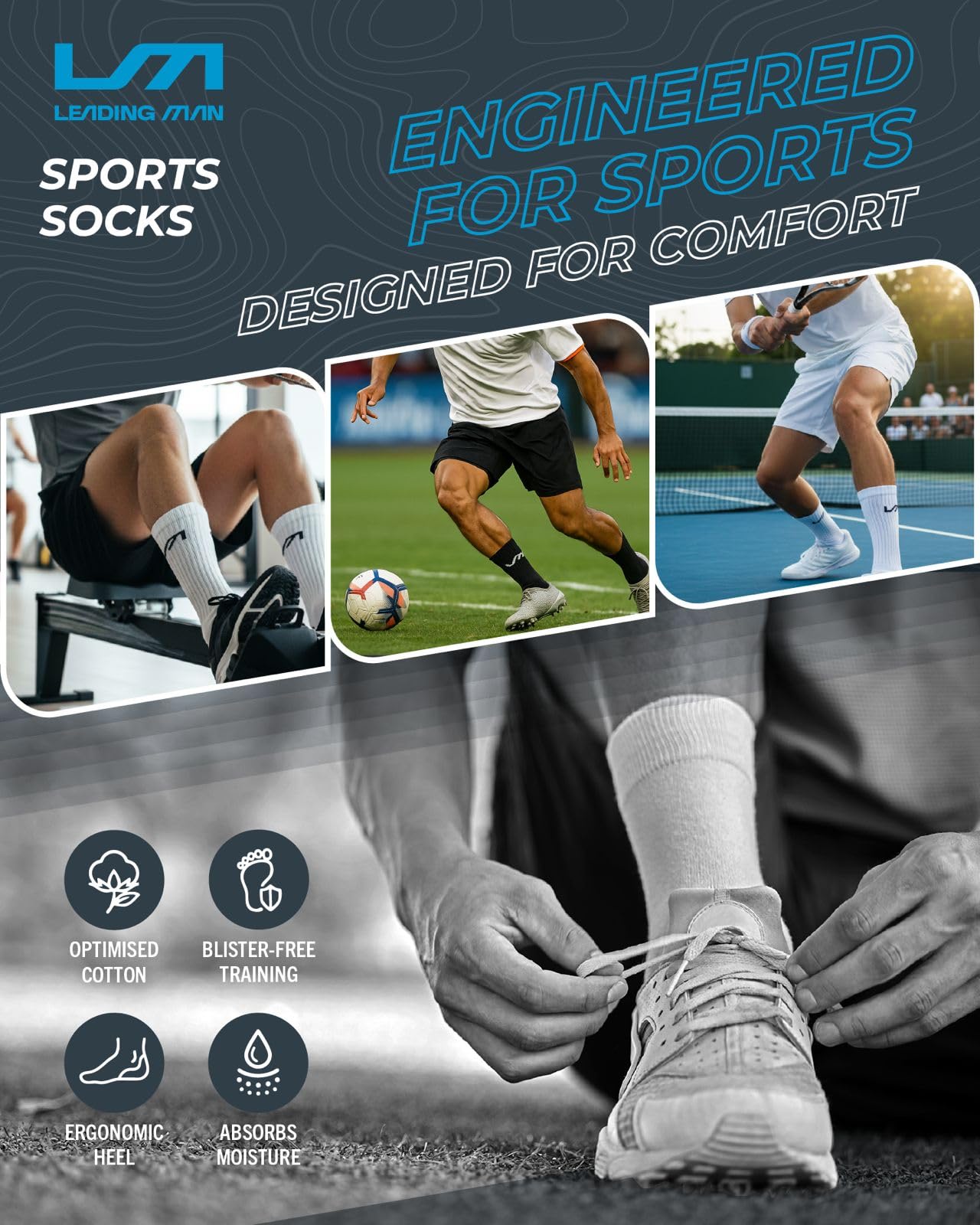 Calzini sportivi da uomo, confezione da 9, calzini sportivi per corsa, palestra, tennis, golf, calzini sportivi neri da uomo 9-11 UK - Calzini sportivi imbottiti in cotone - Confezione