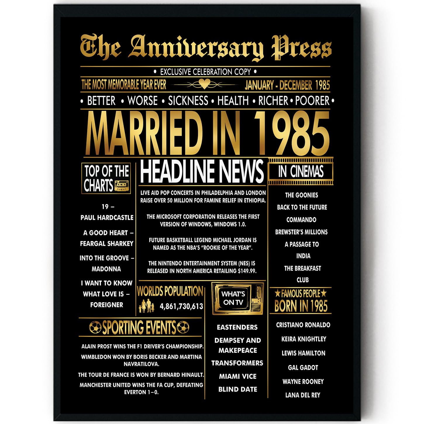 Stuff4 Men's 1985 Gold 41St Anniversary Poster Framed - Golden Married In Newspaper - 41 Anniversary For Wo Retro Vintage Gifts Back In 8X10 Inch Bday Party Decor Decoration