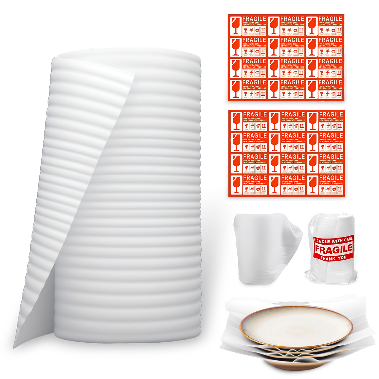 Papier Bulle Déménagement Carton Feuilles Mousse avec Étiquettes Vaisselle Plats Assiettes Verres Emballage 30cm x 20m