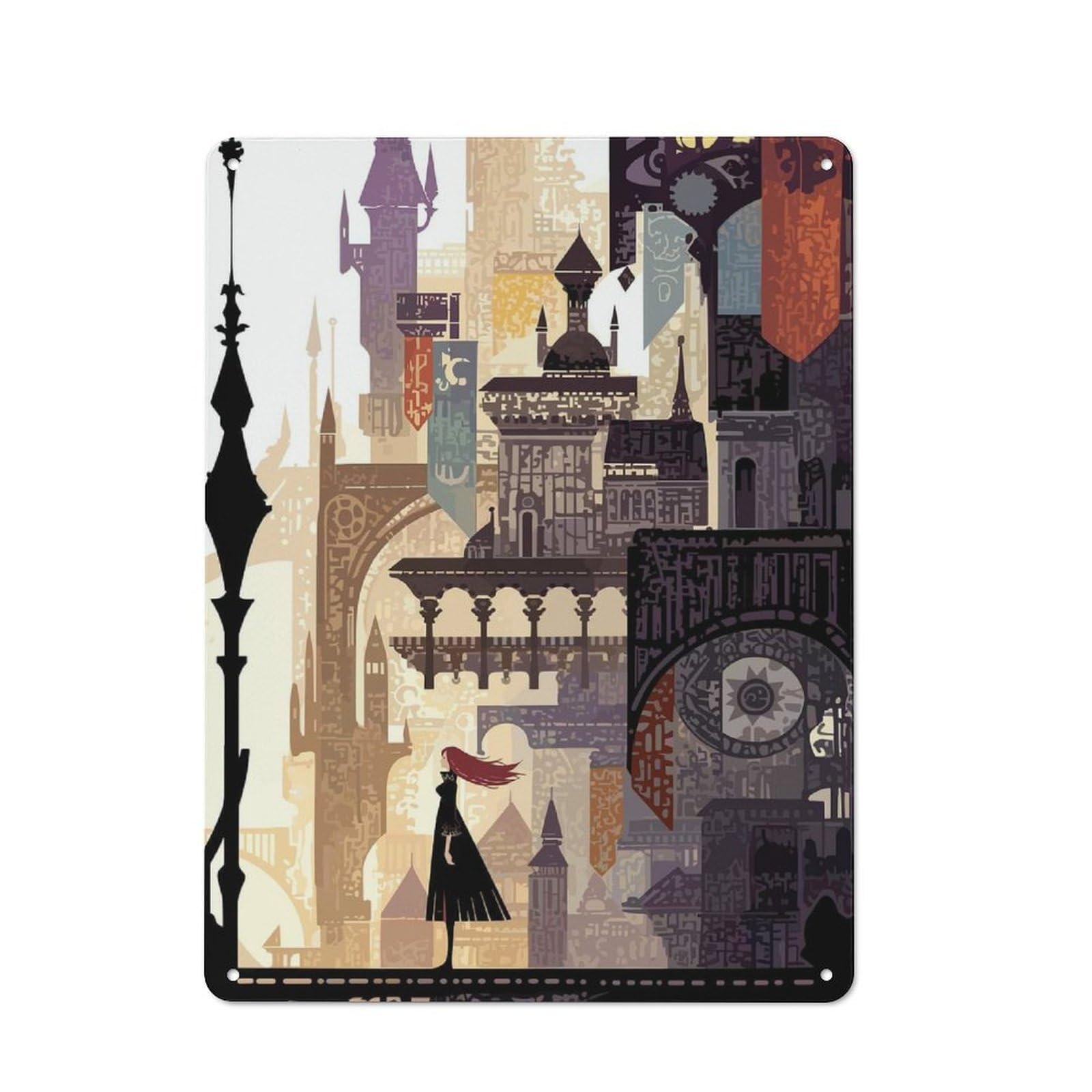 Junmoney Style-10 Fantasy Cityscape With Woman Retro Metal Wall Sign 40X30cm For Living Room Or Hallway, For Collectors Decorating Living Rooms And Hallways