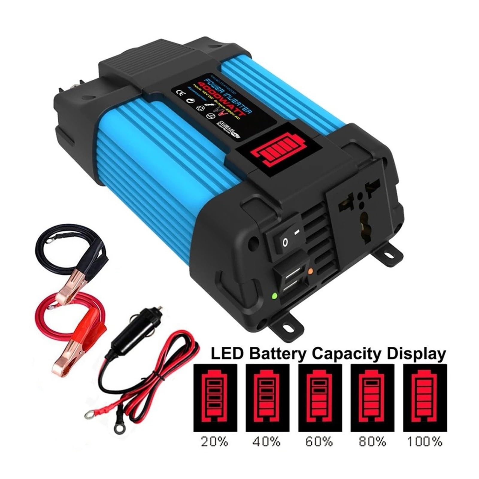 Transformateur Convertisseur Tension Voiture Peak 6000 W avec Affichage LED Transformateur Tension Capacité 12 V 220 V/110 V Double USB pour Appareils Automobiles Onduleur Convertisseur(220V,4000W)