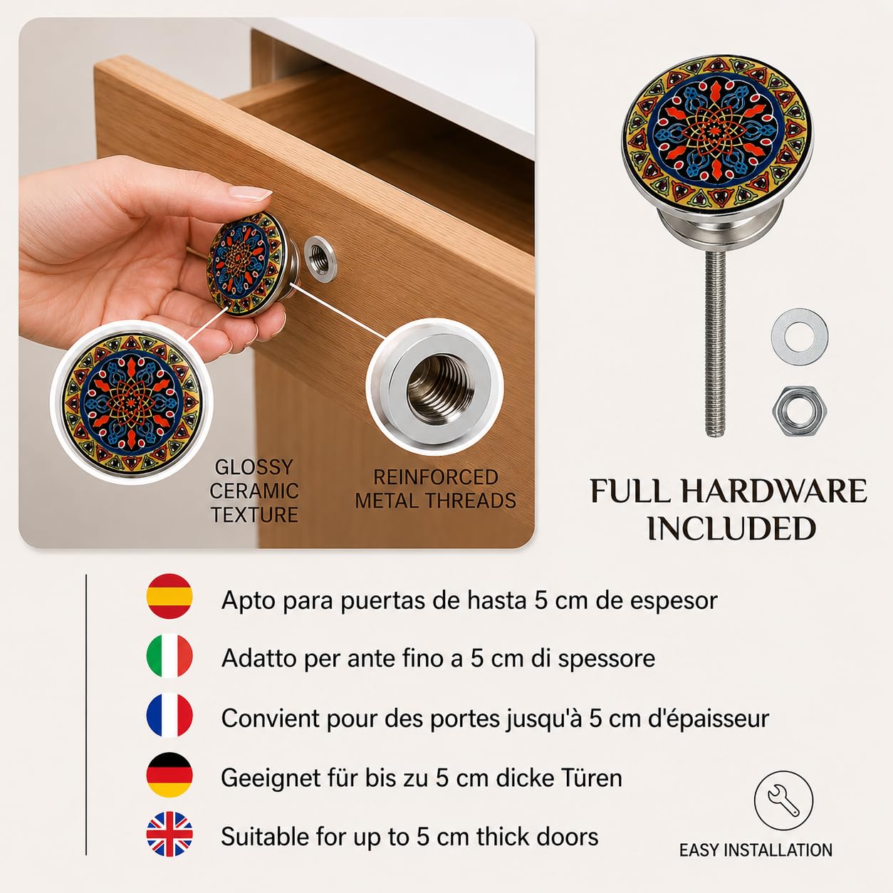 Nacnic 10 Pomos de Cerámica con Flores Estilo Mandala | Tiradores Artesanales para Cocina Cajones Armarios Muebles de Baño | Perillas de Pintadas a Mano | Diámetro y Longitud Perno 40 mm