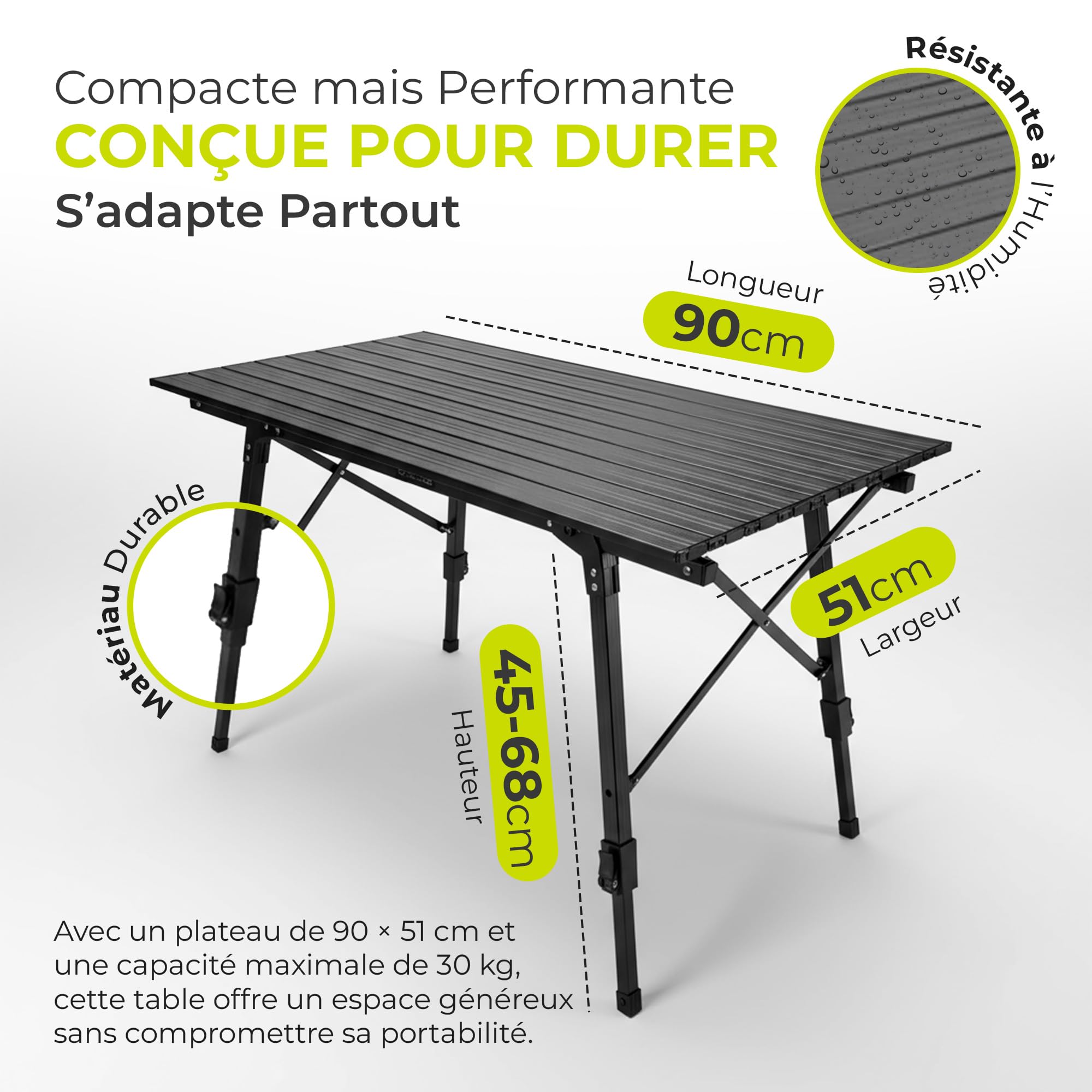Table de Camping Table Multifonctions Pliante Table Polyvalente ; Table Pliante réglable en Hauteur avec Plateau de Table Enroulable (90x51cm) & Sac de Transport ; supporte jusqu'à 30kg