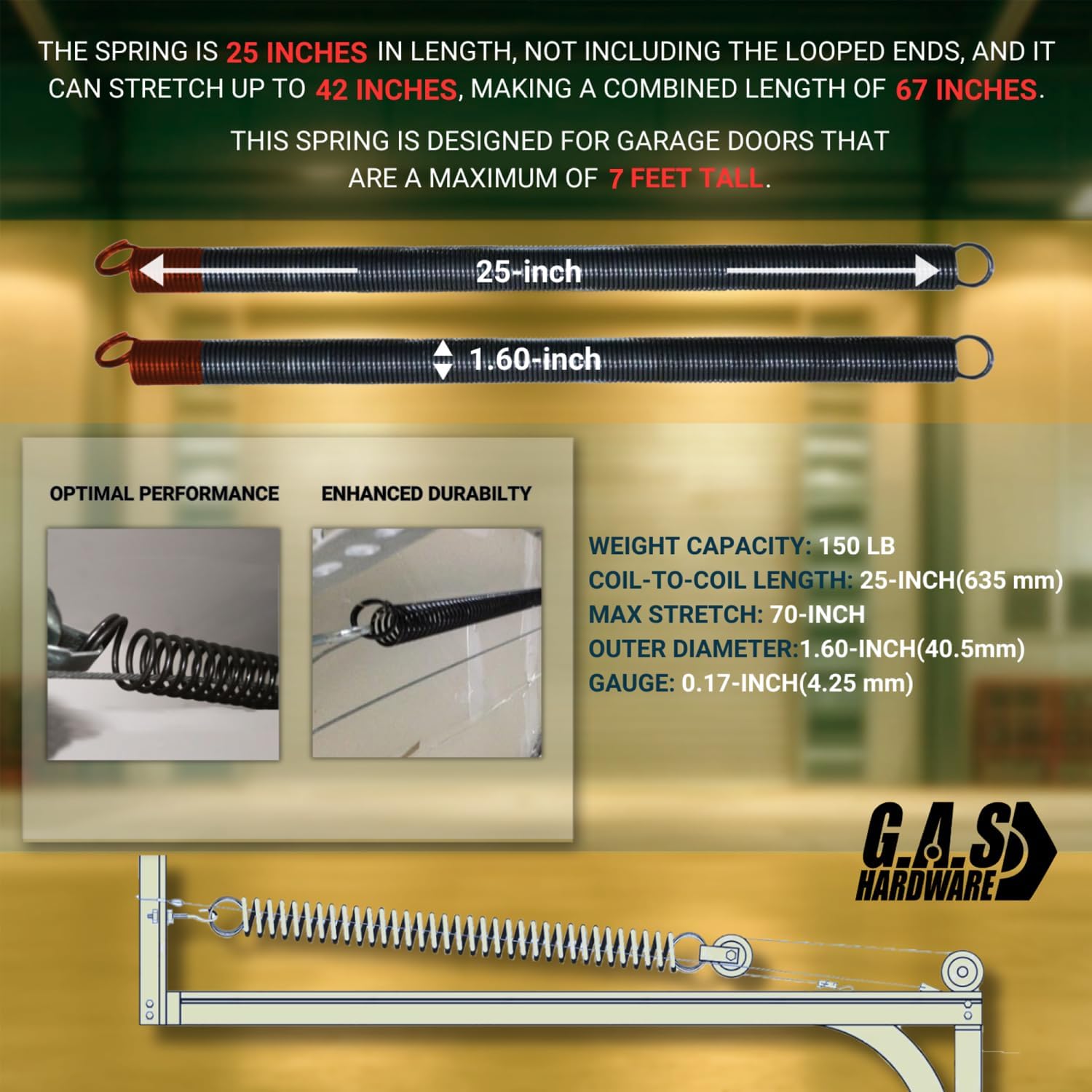 Heavy-Duty Double-Looped Garage Door Extension Springs Bundle 150 lb (Red) Springs, 3" Pulleys, and Extension Cables for 7' Feet Garage Door | Garage Door Hardware Parts