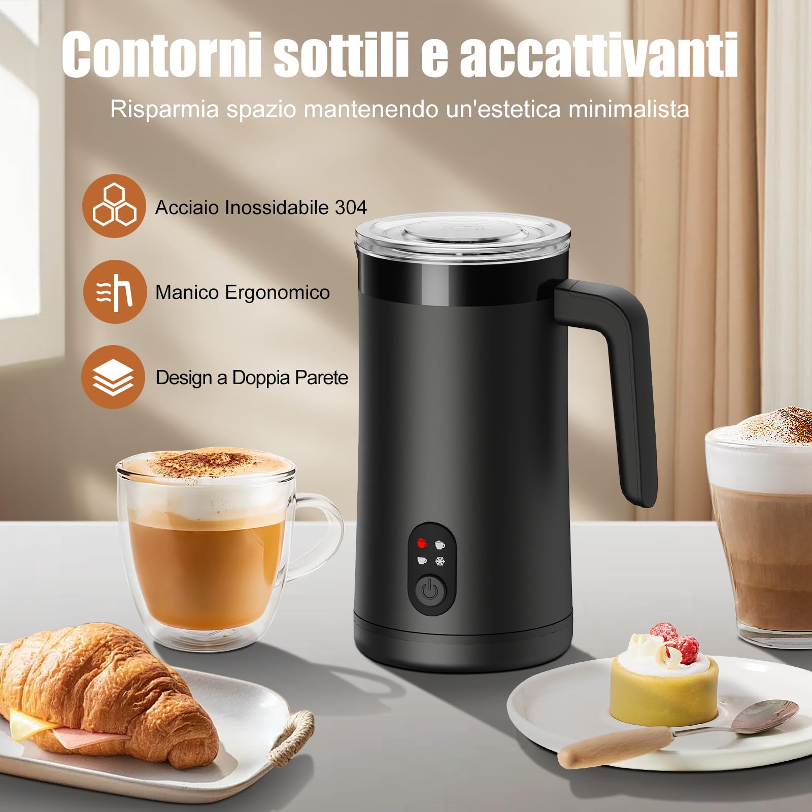 Ovetedot Montalatte Elettrico, 4-in-1 Montalatte Elettrico Cappuccino, 400ml Grande Capacità, Scaldalatte per Latte Caldo e Freddo, Schiumatore per Cappuccino, Latte, Macchiato(Nero)