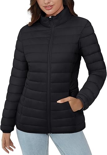 MAGCOMSEN Chaqueta acolchada ligera para mujer, con 4 bolsillos, con cremallera, cuello alto, forro polar de invierno
