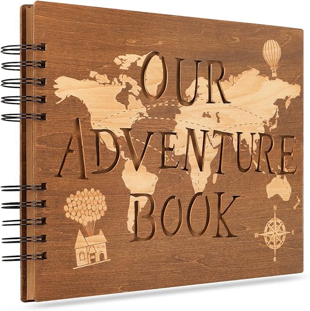 Creawoo Wooden Our Adventure Book Scrapbook Photo Album, DIY Handmade Movie Up Travel Photo Album for Couples, Memory Photo Scrapbook for Anniversary, Wedding, Travelling, Baby Shower (80 Pages)
