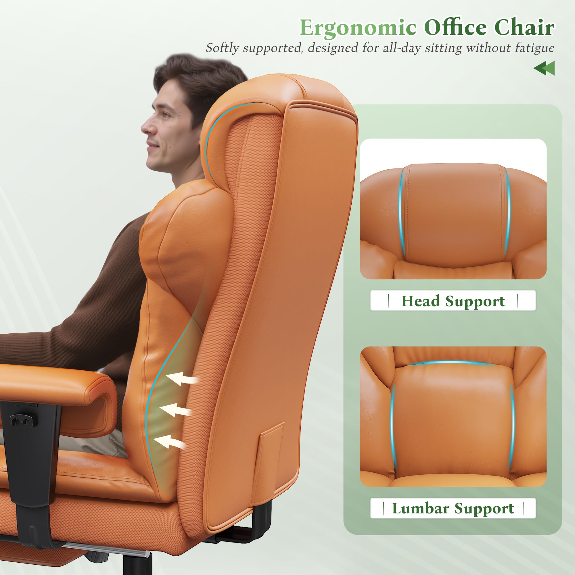 Office Chair with High Back,28.7" Deep Seat,Big and Tall Executive Leather Office Chair with Foot Rest & Arms,Wide Reclining Desk Chair Ergonomic with Lumbar Support for Home Office,Brown