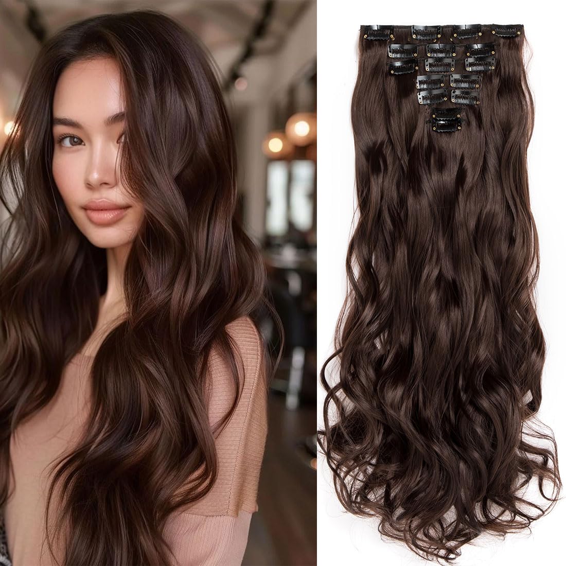 Swy Hair Clip in Hair Extensions Body Wave 22 inches 7Pcs 150g Straight Hair Synthetic Hair Extensions (W-Dark Brown, Wavy)
