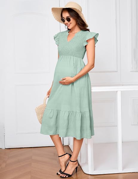 Yesfashion Damen Umstandskleid V-Ausschnitt Rüschenärmel Stillkleid Maxikleid für Schwangere - 4