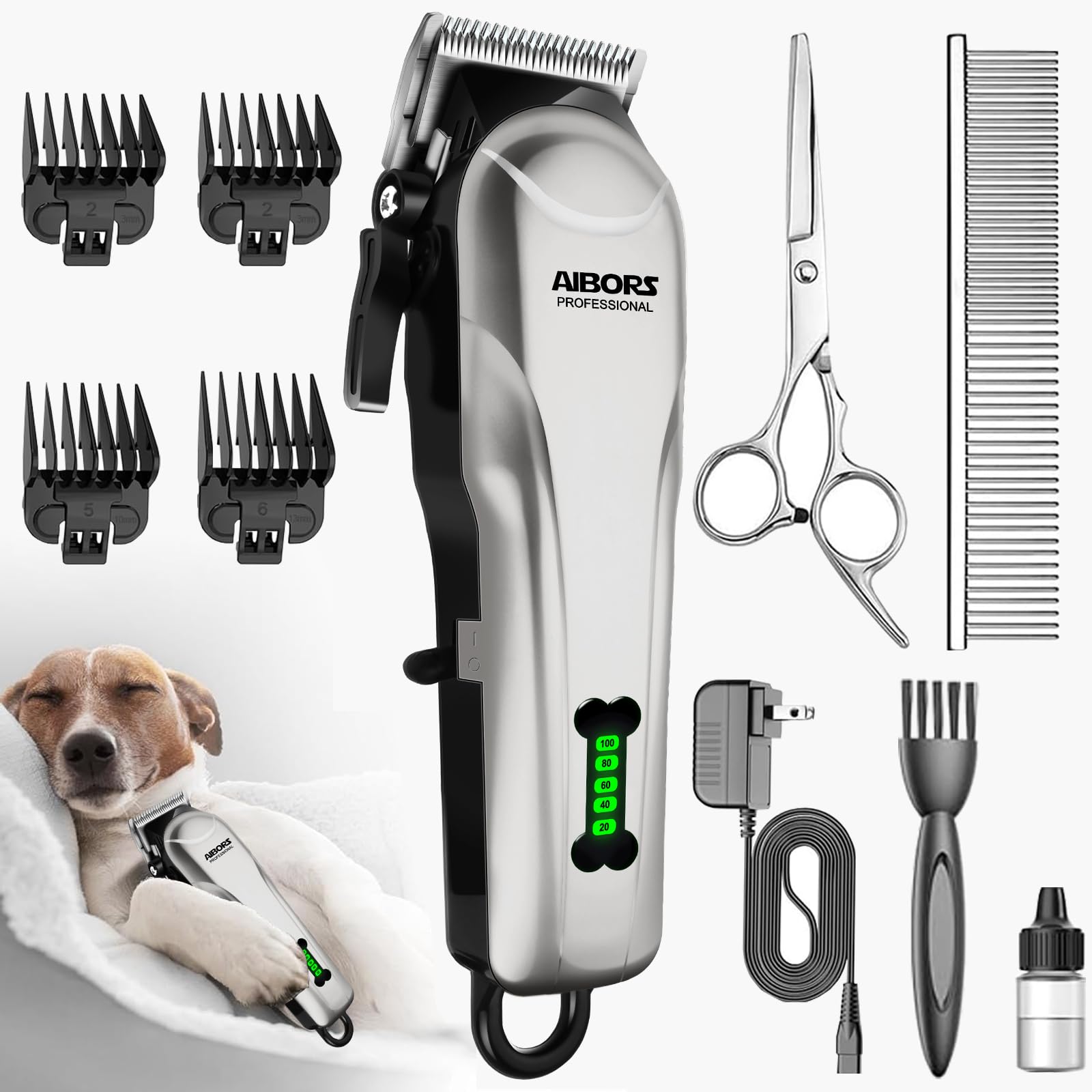 AIBORSQuiet Dog Grooming Clippers - 2000mAh Long-Lasting Dog Clippers for Grooming,Waterproof Rechargeable Cordless Clippers for Dog Grooming,Adjustable Safe and Easy to Clean Home Pet Grooming Tool