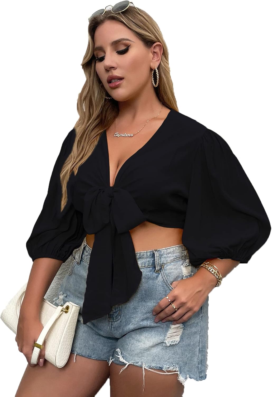 WDIRARA Women's Short Sleeve Deep V Neck Tie Front Basic Solid Crop Top Plus Black 1XL