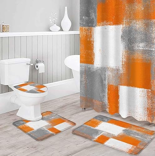 Miniatura 3 de Juego de 4 cortinas de ducha de graffiti abstracto, naranja quemado y gris, juego de baño moderno con alfombras antideslizantes, alfombra de