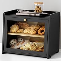 Goozii Black Bamboo Bread Box - Large Farmhouse Countertop Storage for Fresh Bread, Adjustable Shelf, Anti-Drop Top (16.7x12.2x14.2")