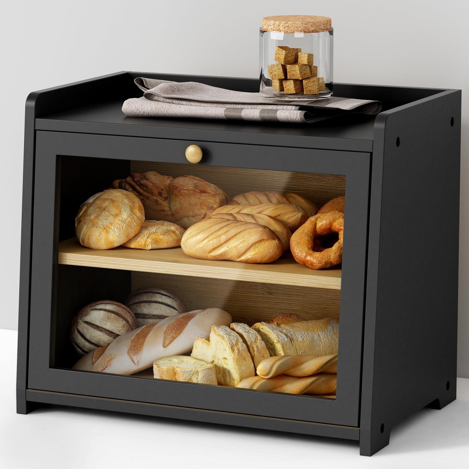 Food Storage Container Black Bread Box for Kitchen Countertop, Large Breadbox Organizer for Coffee Storage Tsukemono Containers Food Storage Container