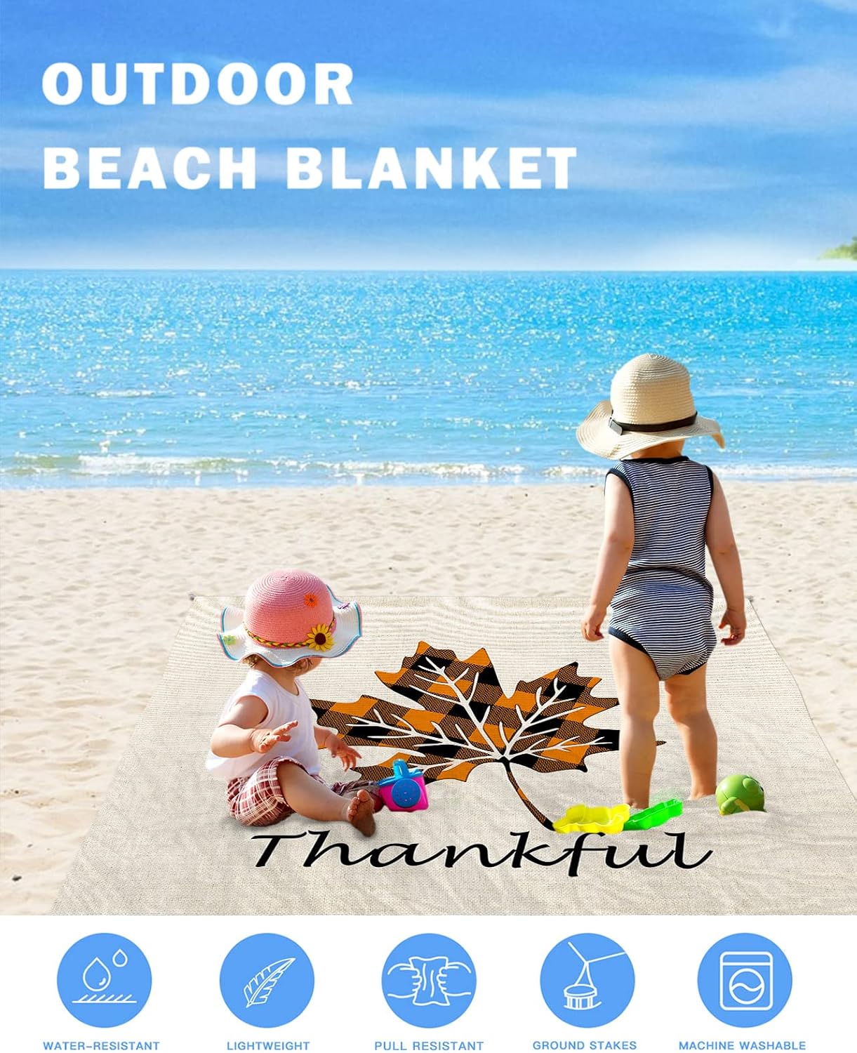 Autumn Buffalo Plaid Check Maple Leaves Beach Blanket Waterproof Sandproof Outdoor Picnic Mat 108"x84" Thanksgiving Day Lightweight Large Beaach Blankets with 4 Stake & 4 Corner Pockets