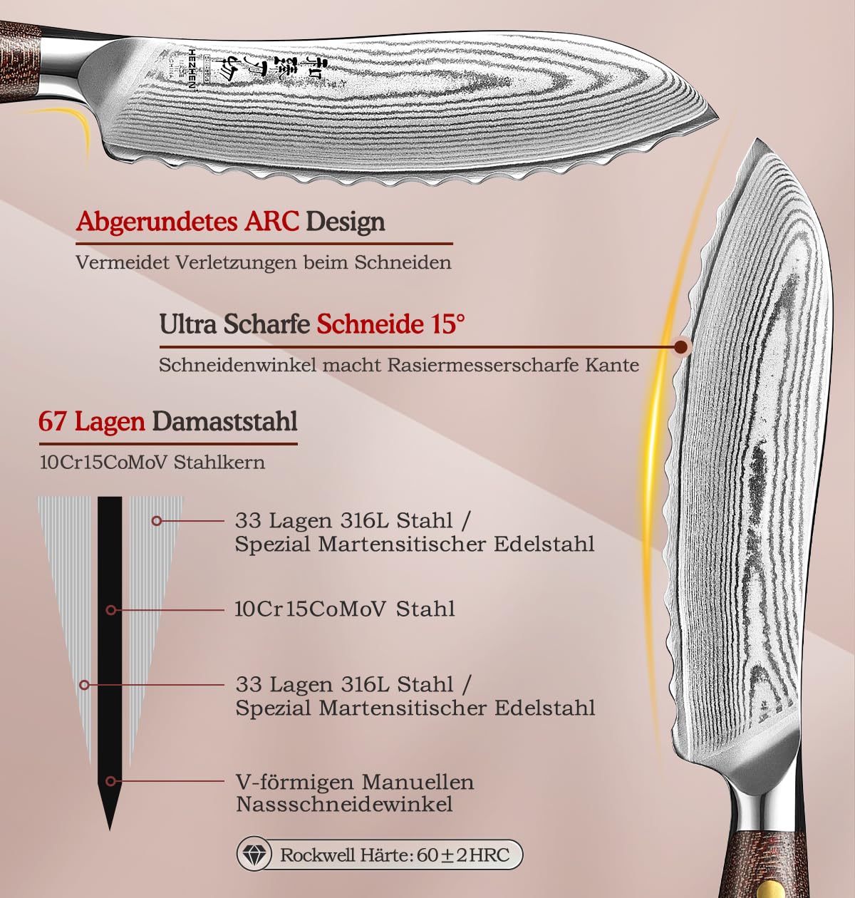 HEZHEN Profi Tomatenmesser Damast, Wellenschliff Hartstahl Auberginenmesser, Scharfe Klinge Brotzeitmesser, Frühstücksmesser Full Tang Micarta Griff