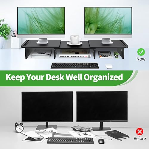 Miniatura 8 de Zimilar Soporte elevador de monitor doble, soporte para monitor con longitud y ángulo ajustables, soporte de monitor de madera para escritorio,