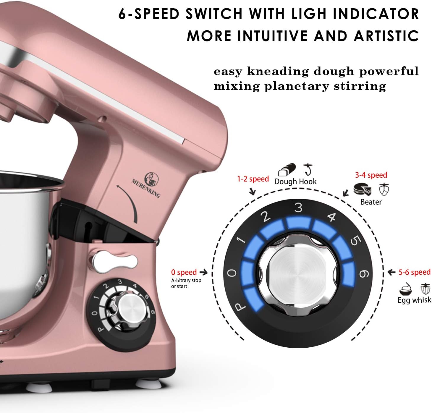 50% Off Discount Stand Mixer Double Hooks, MURENKING 4.3-Qt 300W Tilt-Head 6 Speed Electric Food Mixer Kitchen MK18C, Stainless Steel Bowl, 2 Dough Hooks, Beater, Wire Whip and Splash Guard(Rose Smoky)