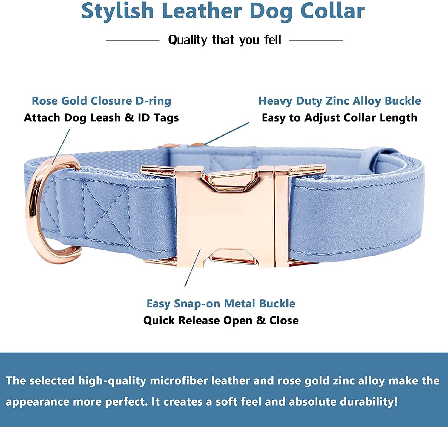 Soft Leather Dog Collar and Leash (6.6') Set - Stylish Rose Gold Heavy Duty Metal Buckle, 4 Adjustable Lengths Leash for Small Medium Large Dogs - Comfortable & Easy to Clean BluePurple L(15.4"-24.8")