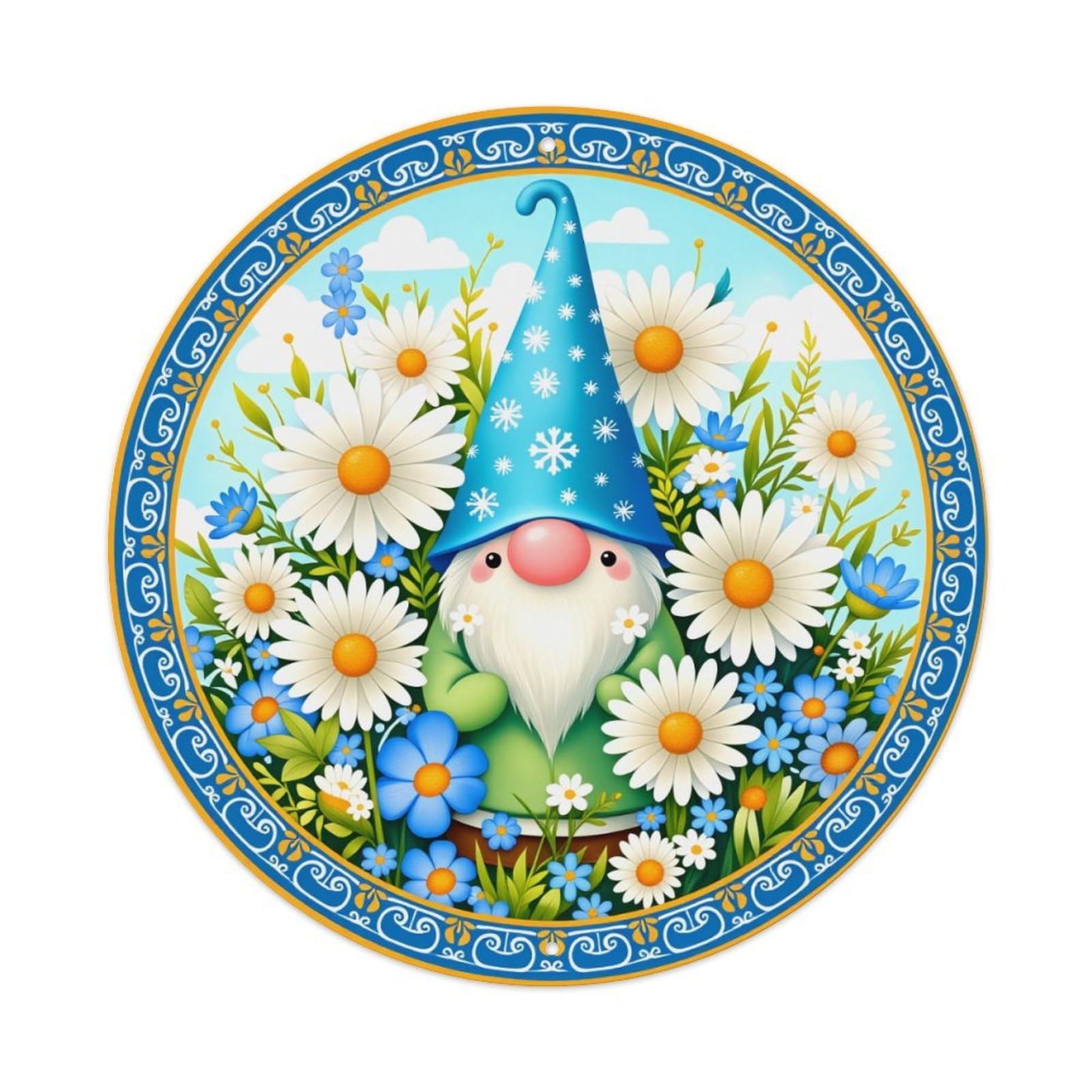 Gnome Daisy Flower Garden Blue Round Tin Sign Vintage Metal Poster Retro Bar, Home, Man Cave, Kitchen, Laundry Room Wall Art Decor Gift 8x8Inch