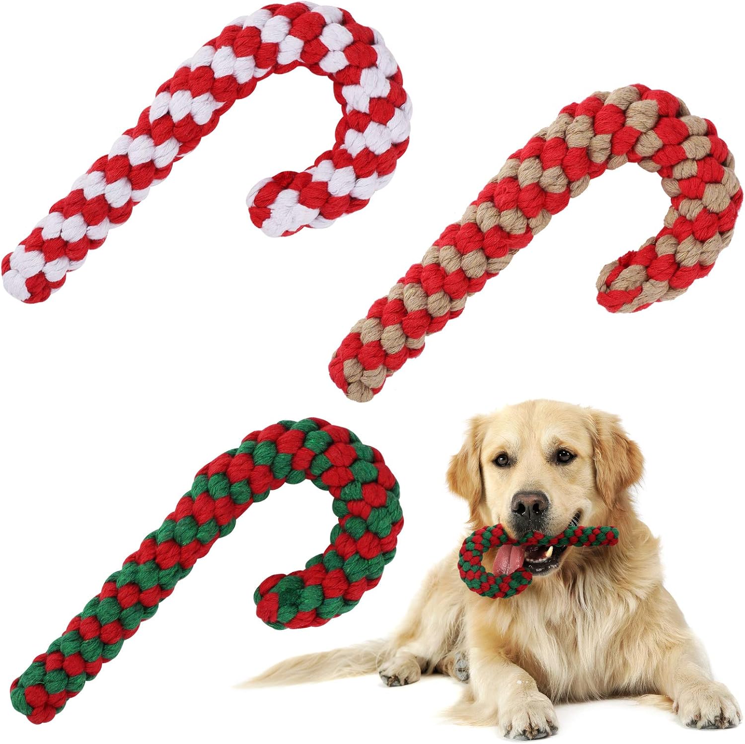 ELCOHO 3 Pack Christmas Dog Chew Toys Gifts Candy Cane Rope Pets Puppy Knotted Chew Rope Toys for Small Medium Large Dog, Assorted Colors
