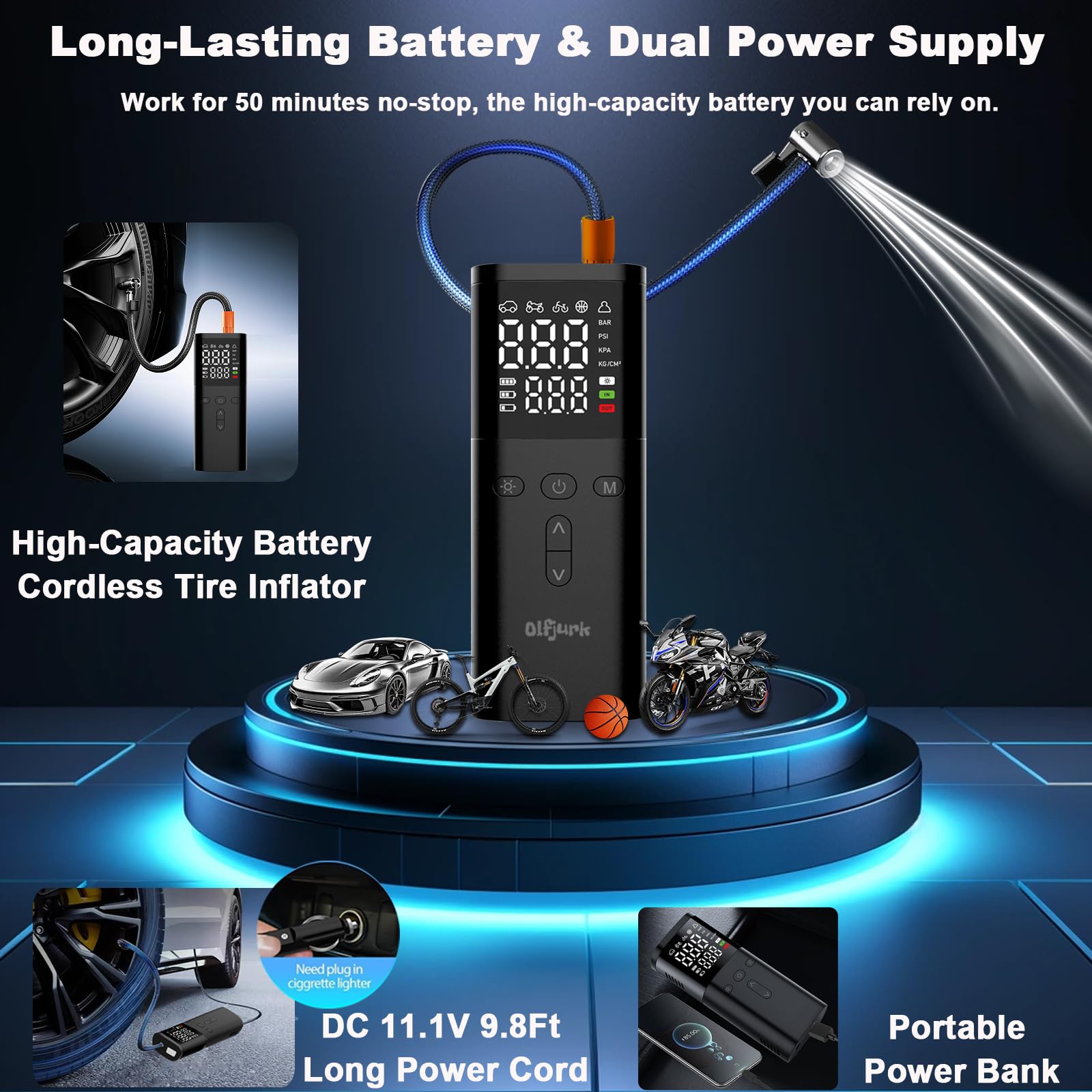 Compressore D'Aria Portatile Wireless: Pompa Pneumatici 150 PSI Con Batteria 7800 MAh, Display LED E Spegnimento Automatico