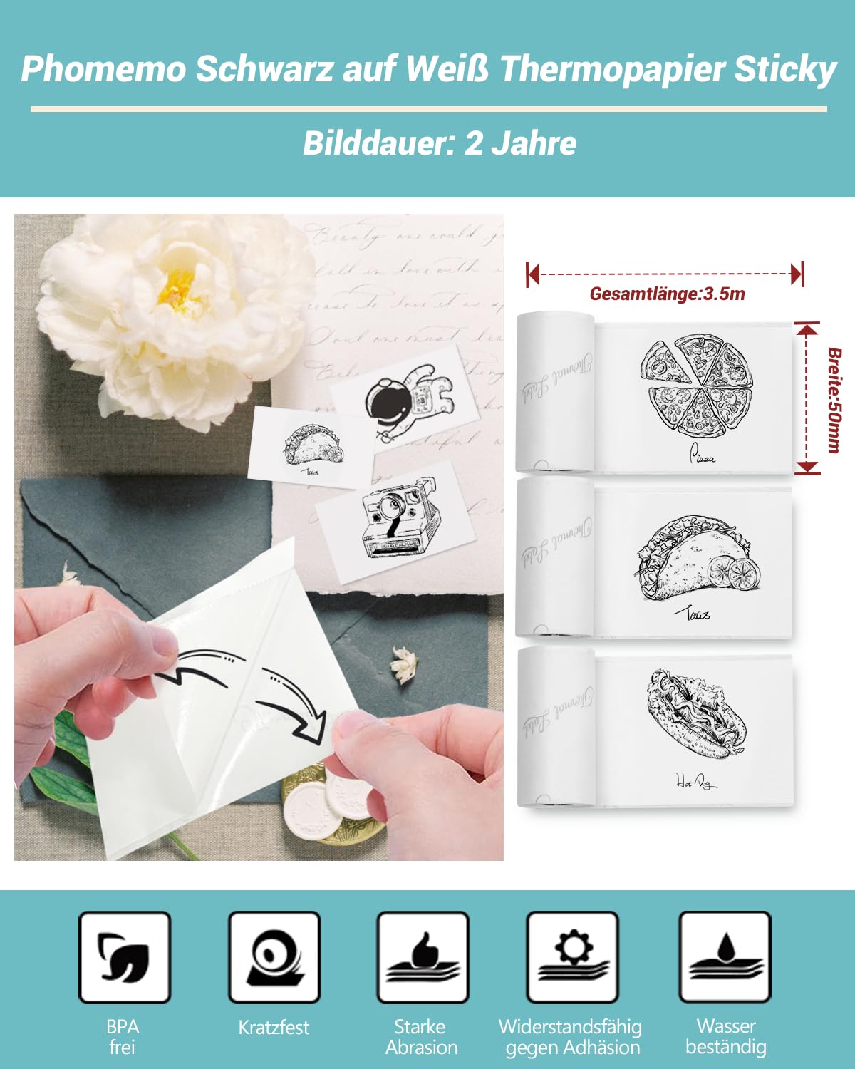 Phomemo Papier do drukarek kieszonkowych, papier termiczny do T02/Q02/M02X/M02L, czarny na białym papierze Liene do zdjęć, 3 rolki 50 mm x 3,5 m