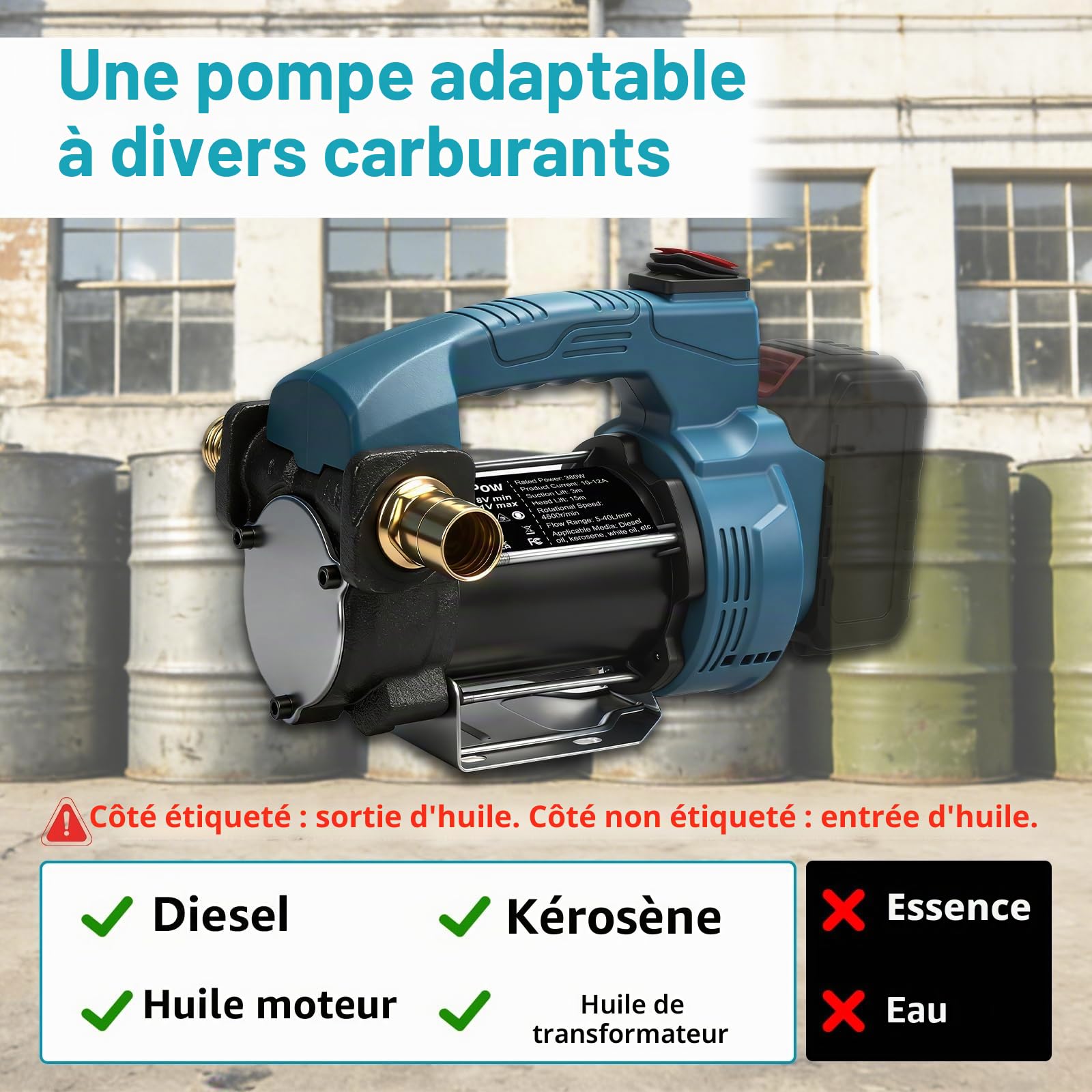 Pompe à Gasoil Sans Fil Compatible avec Makita 18V batterie, 45L/min Pompe Électrique Diesel, Pompe à Carburant avec Pistolet de distribution Arrêt Automatique et Accessoires (sans batterie)