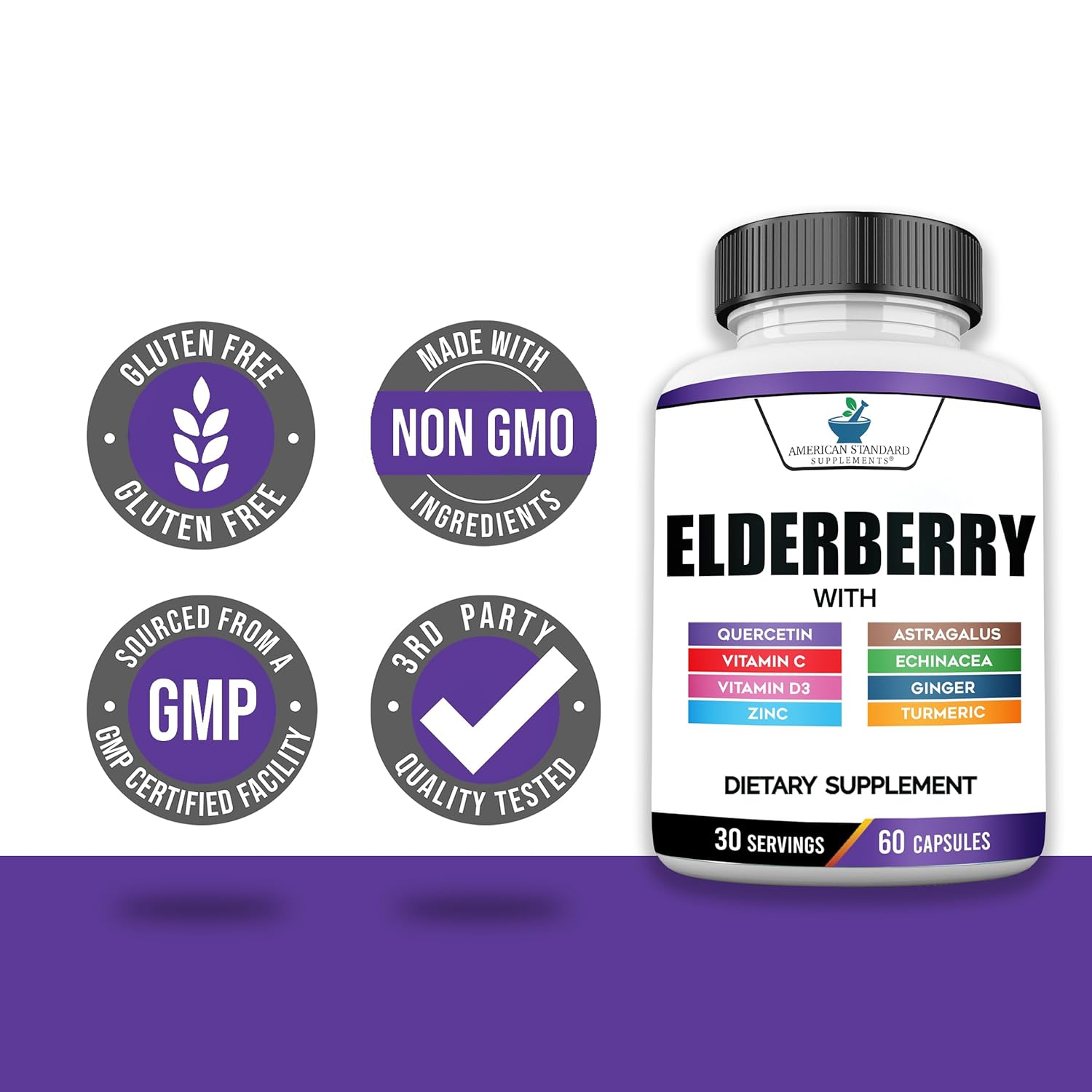 American Standard Supplements Extrato de Sabugueiro com Quercetina, Vitamina C, D3, Gengibre, Zinco, Cúrcuma & Equinácea – Suplemento para Suporte Imune – 60 Cápsulas - Imagem 4