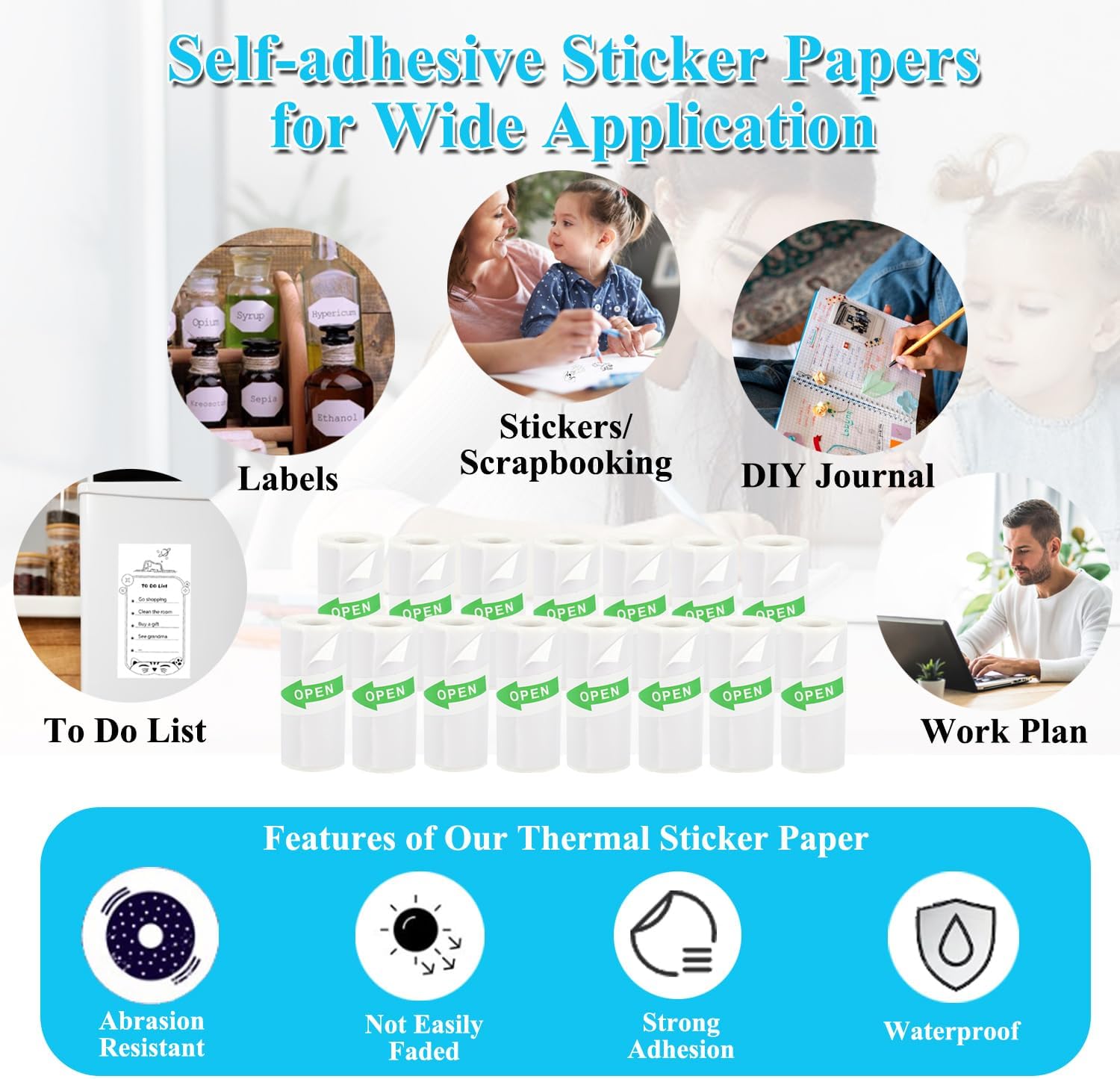 15 Rolls Mini Printer Sticker Paper, White Thermal Sticker Paper for Mini Portable Printer, Self-Adhesive Thermal Paper, 57 x 25 mm - Image 5