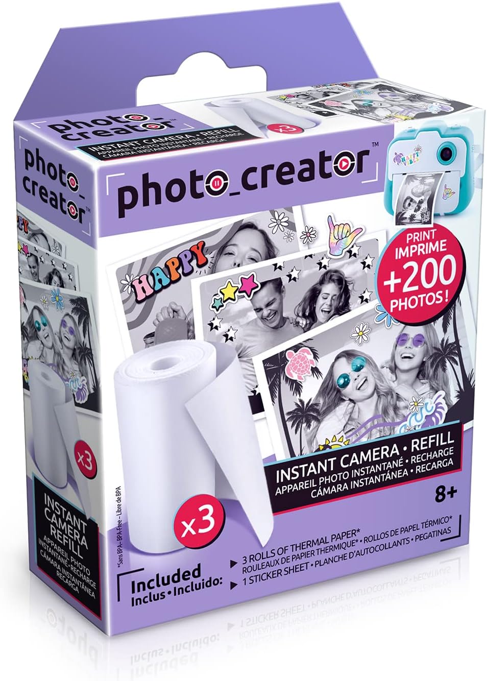 Canal Toys - Photo Creator CLK 002- 3 Rolls of Thermal Paper with Instant Camera Stickers, Thermal Paper Refill Pack for Kids Digital Camera, White