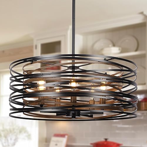 5-Light Drum Chandeliers for Dining Room，19.7" Rustic Farmhouse Dining Room Light Fixture，Wood Grain and Vintage Black Metal Chandeliers for Kitchen Entryway Living Room
