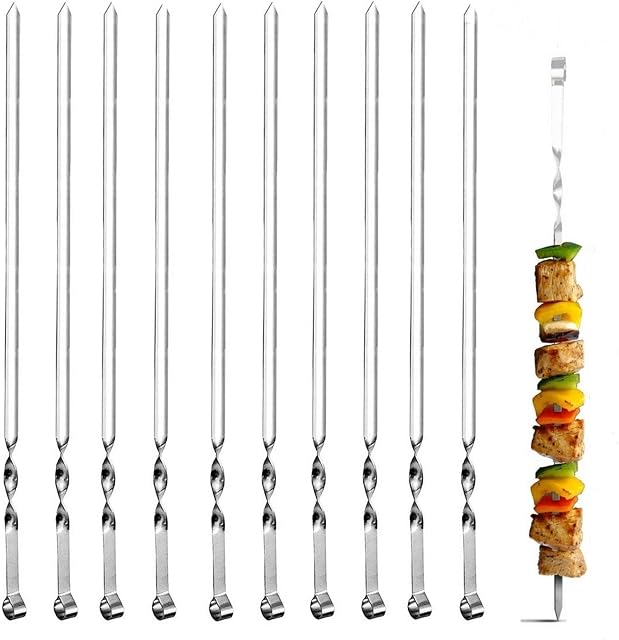FANSIR Kebab Skewers, Set of 10 Stainless Steel BBQ Grilling Skewers Flat Reusable Metal Skewer Sticks for BBQ, Cocktail, Shish Kabob, Party Essentials, 38cm