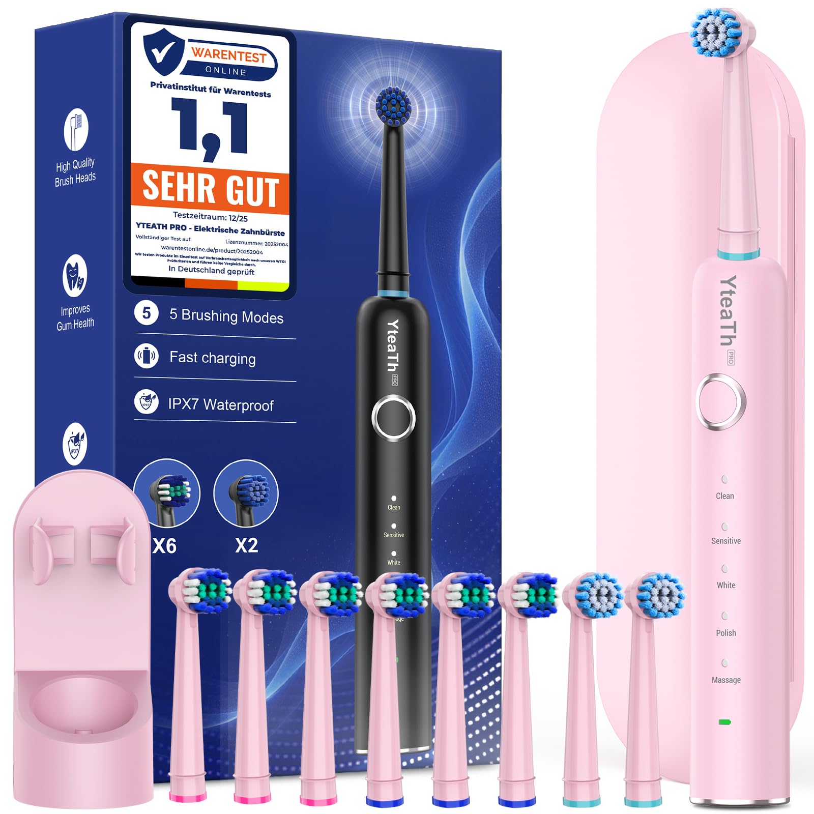 Brosse À Dent Électrique Rotatives pour Adultes - Brosses À Dents Rotatives avec 8 Têtes de Brosse et Étui de Voyage, 5 Modes, Étanche IPX7, Brosse A Dent Electrique de Voyage, Rose