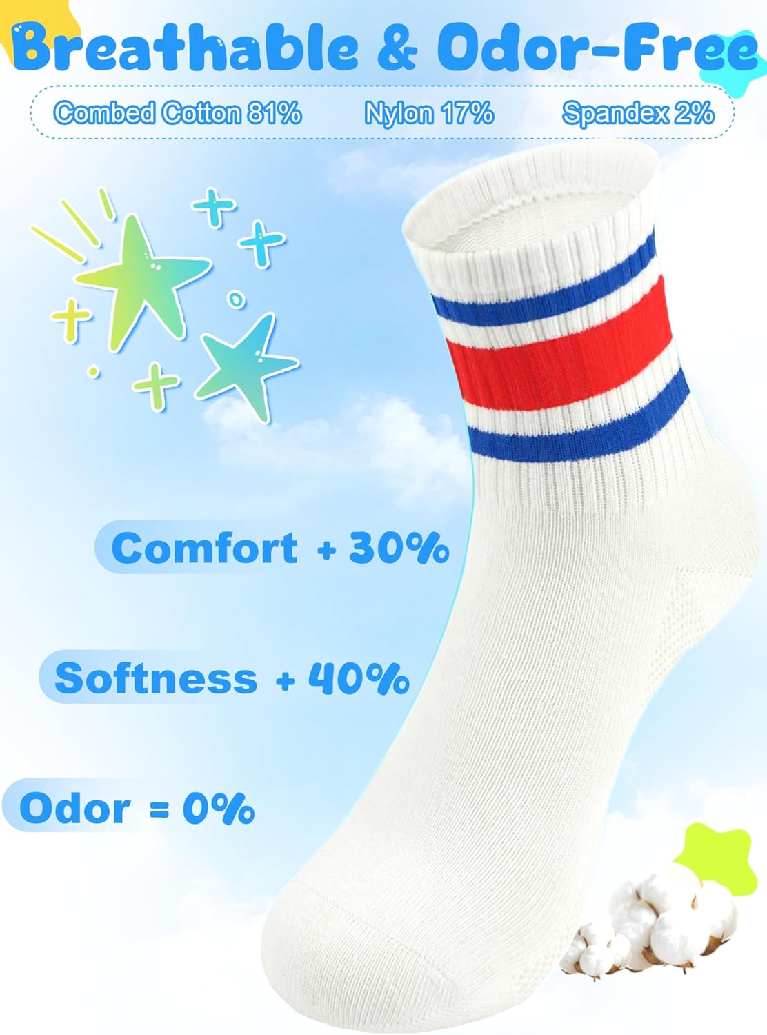 Kids Crew Socks 5 Pack For Boys Athletic Cotton Seamless Toe for 2-4, 4-6,6-8,8-10,10-12,12-14 Years Old Colorful