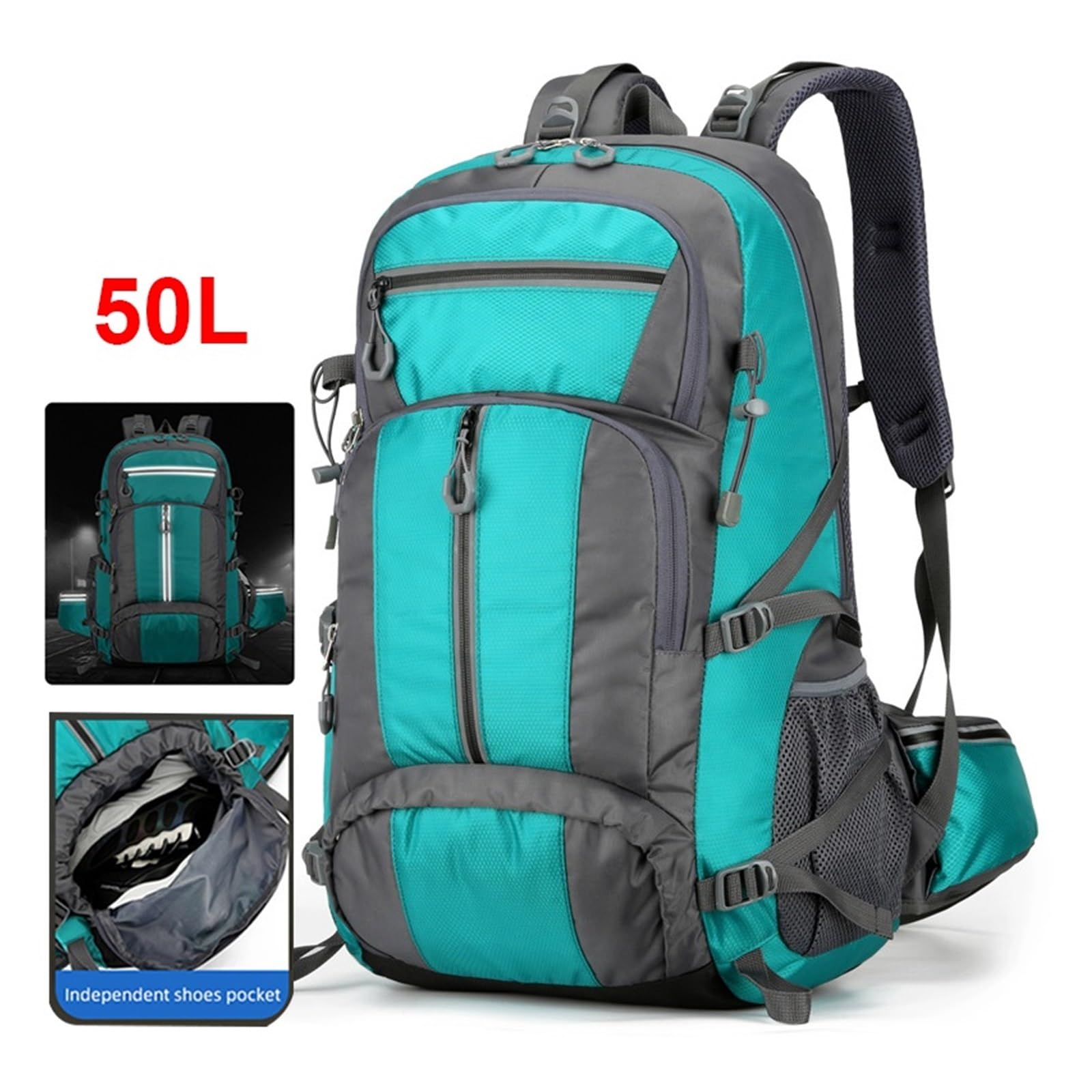 Reiserucksack 50L Nylon Rucksack Camping Tasche Outdoor Sport Wandern Trekking Klettern Reisen Schulter Reflektierende Schuhe Gepäck Outdoor Männer Tasche(Black)