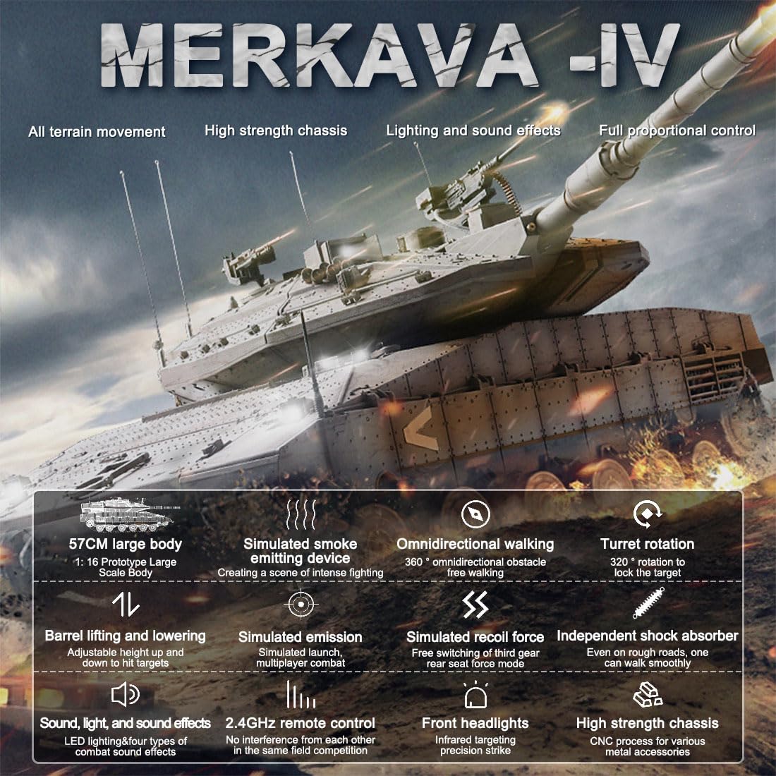 Czołgi RC dla dorosłych, 1/16 Israel Merkava-IV 2,4G RC czołg bojowy na podczerwień model pojazdu wojskowego z dźwiękiem i efektami dymu, zestawy modeli zdalnego sterowania 2,4 G (RTR)