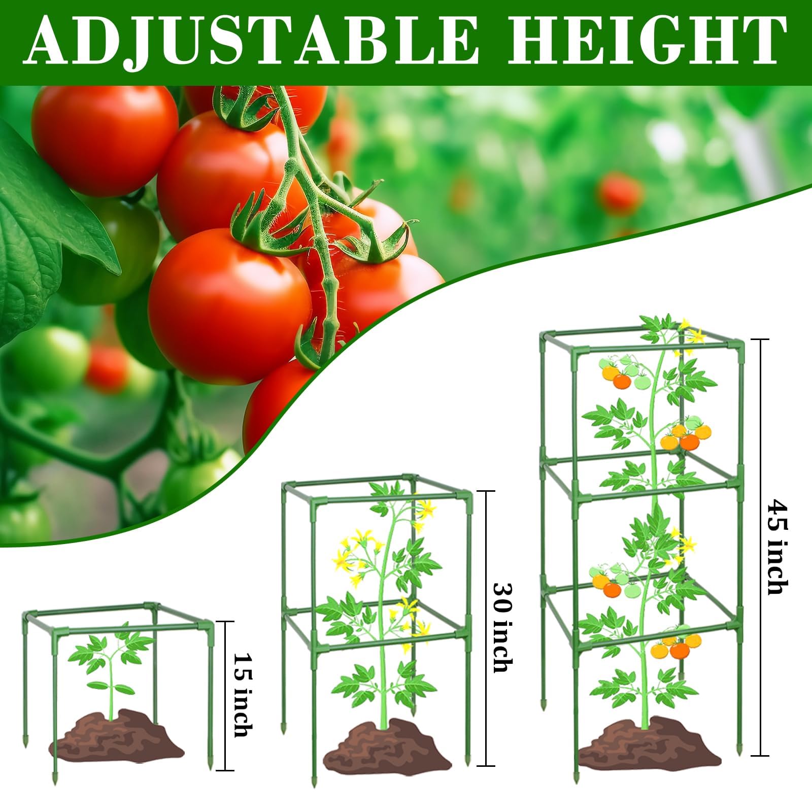 ZeeDix Paquete de 4 jaulas de tomate para soporte de plantas de jardín, 45 pulgadas, cuadradas, ajustables, estacas de metal para plantas trepadoras, verduras, flores con 40 clips