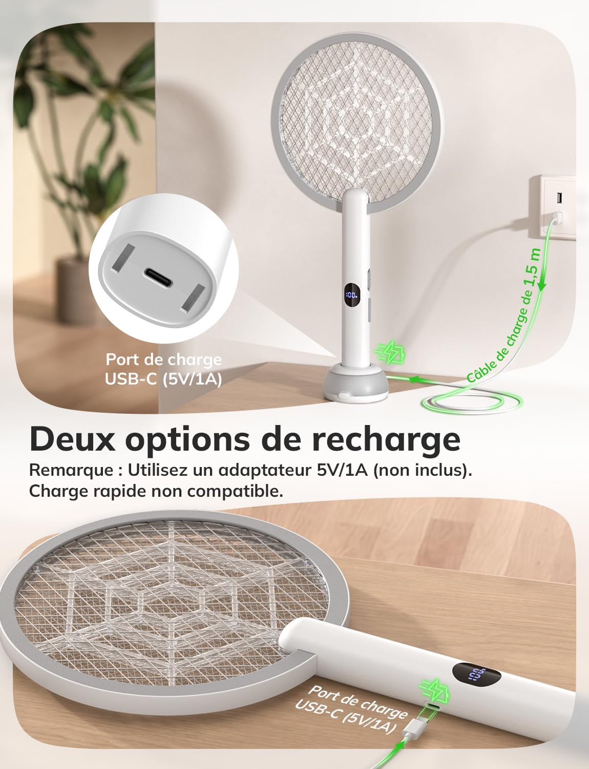 YISSVIC Raquette Electrique Insectes 1800mAh Raquette Anti Moustique 4000V Tapette à Mouche Puissante ave Base Lumineuse Rechargeable USB-C Élimine Moustiques Mites Fourmis Volantes (Blanc)