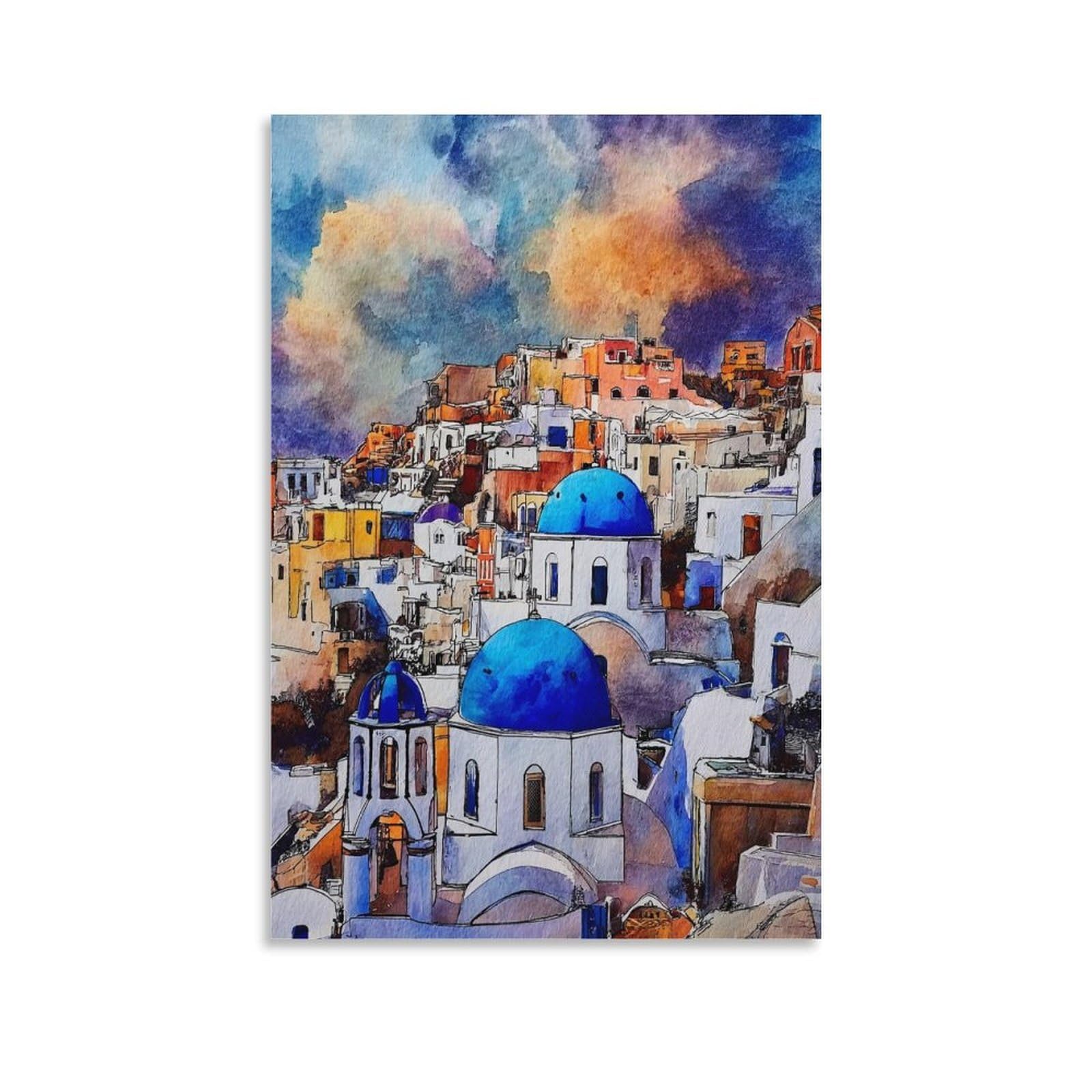 Lcynnh Unframe-Style Santorini Greece 20X30inch(50X75cm) Vintage Travel Poster Watercolor Canvas Art