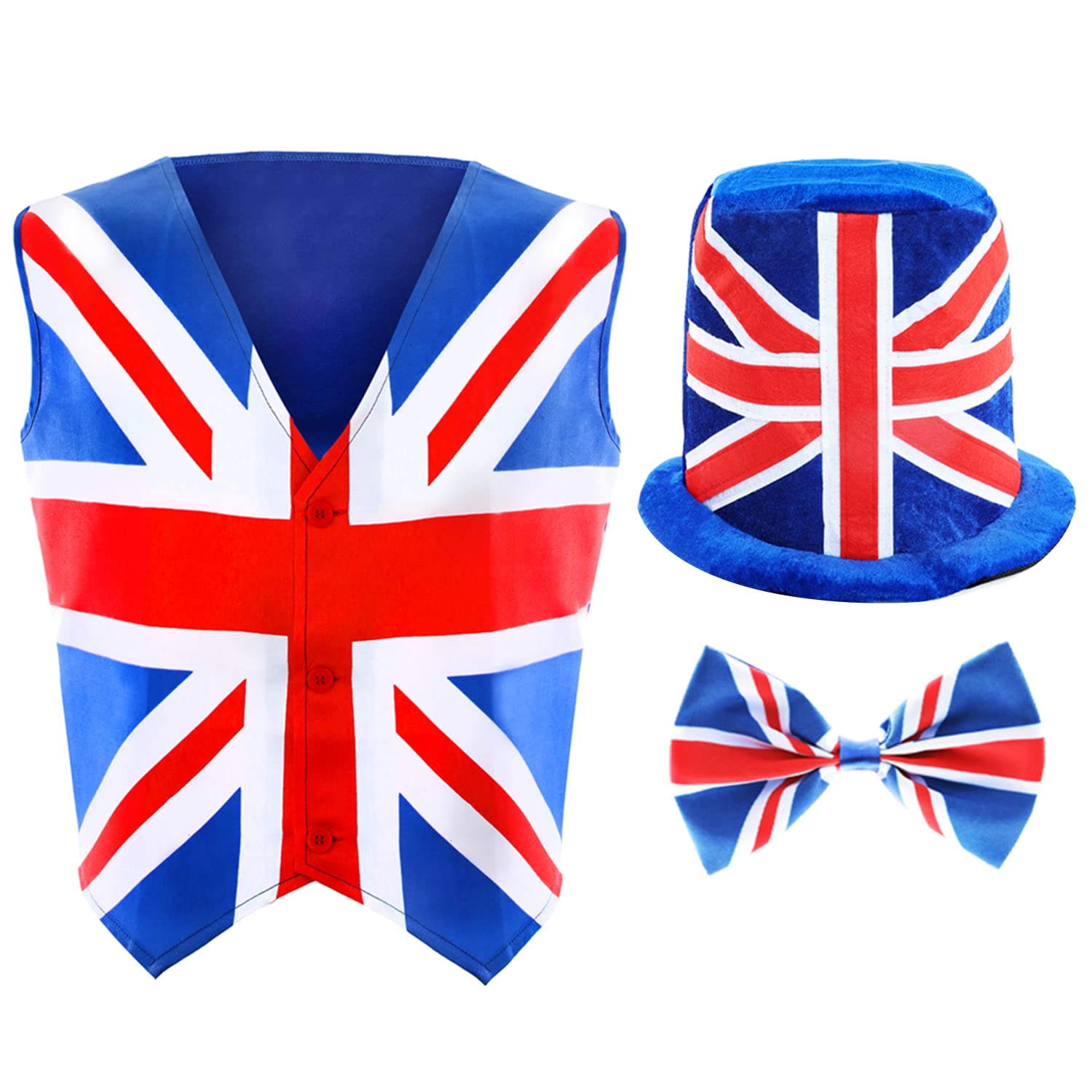 Union Jack Waistcoat, Bowtie and Top Hat - Waistcoat with Union Jack Print, Matching Bowtie and Soft Union Jack Top Hat - King's Coronation, VE Day, Jubilee, Britain Fancy Dress Costume