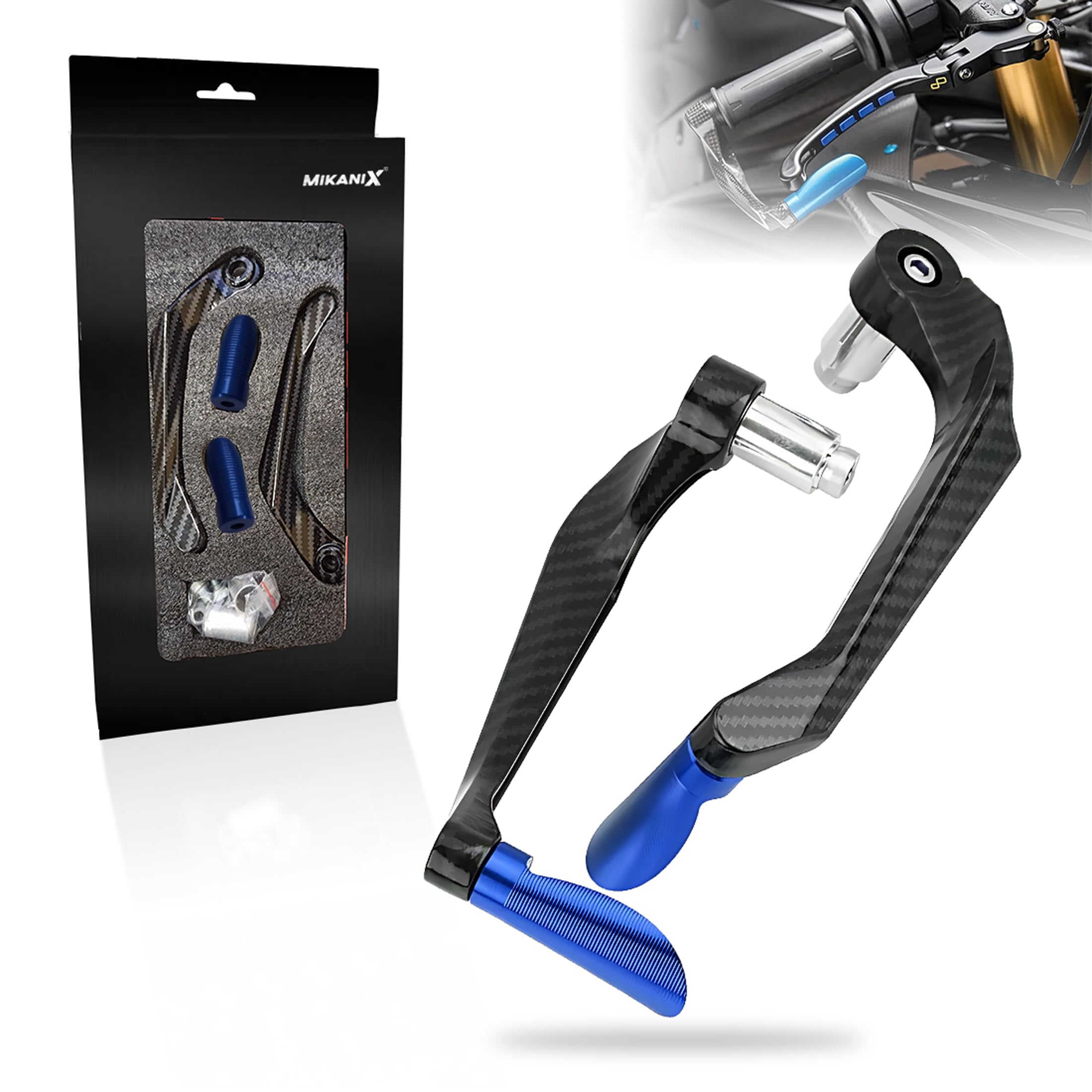OBEROI'S TRADERS Carbon Finish CNC Aluminum Universal Motorcycle Lever Guard | Handle Bar End Brake Clutch Lever Protective Guards | Hand Guards for All Bikes (Blue)