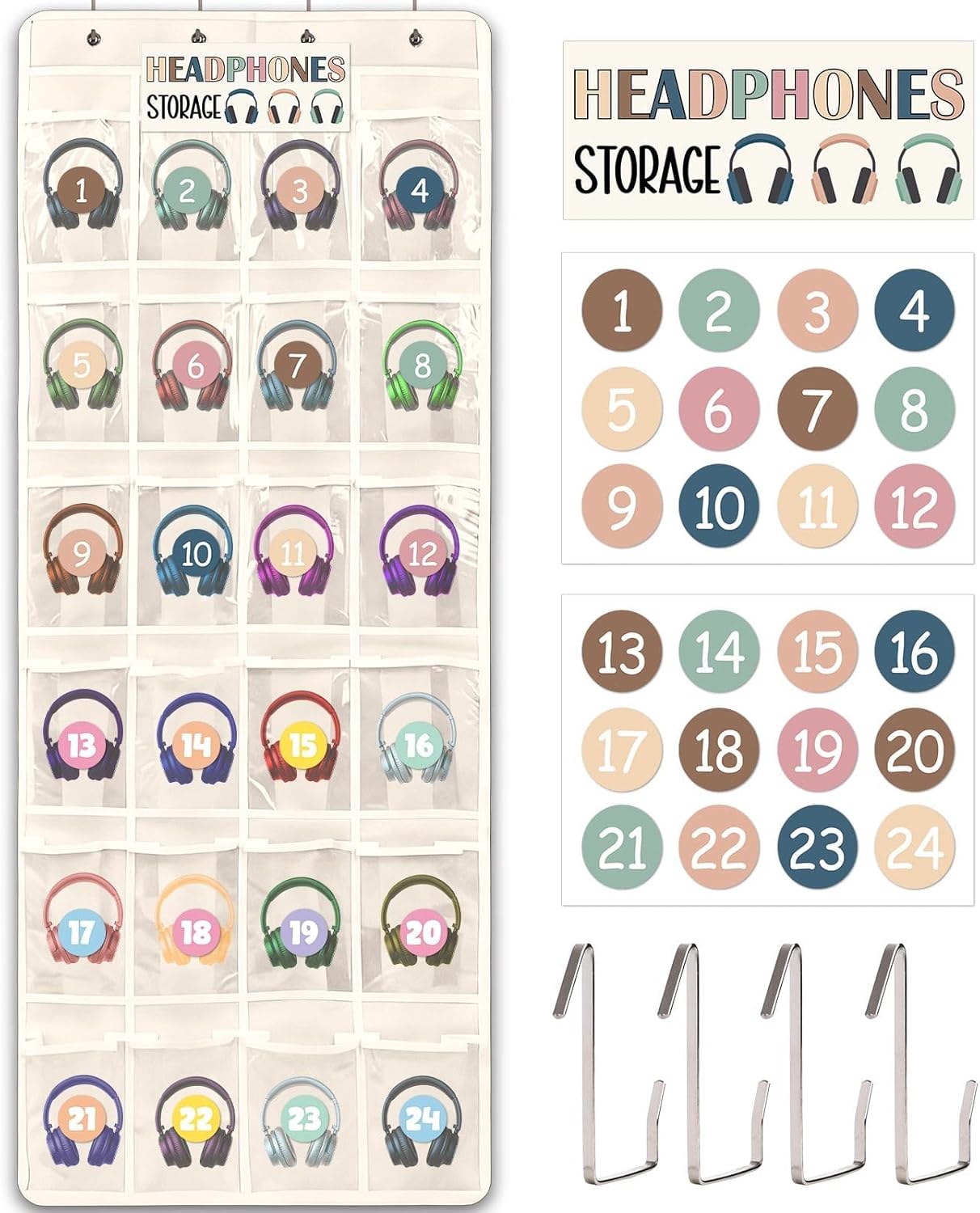 Boho Headphone Organizer Classroom Headphone Storage Over the Door Hanging Headphone Organizer Holder 24 Pockets PVC Clear with Storage Card Number Stickers 4 Hooks for School Cell Phone Calculator