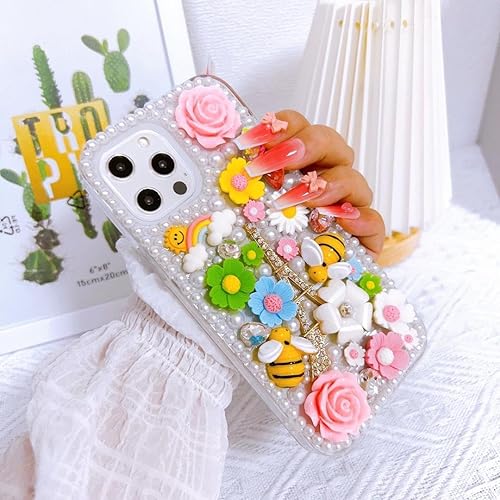 Miniatura 3 de Funda con purpurina para iPhone 11, diamantes de imitación de lujo, con diamantes de imitación de abeja, torre arco iris, perla, 3D, hecha a mano,