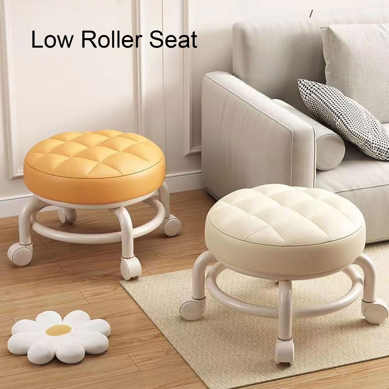 Sedile a rotelle basso, sgabello per pedicure con ruota girevole muta in pelle PU Sgabello rotondo con gradino rotolante per negozio di garage per ufficio domestico (Bianca)